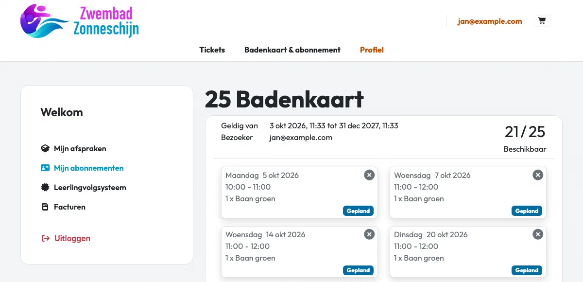 A visitor's account showing their 25-visit pool pass with 21 visits left and four planned lane-swimming slots.