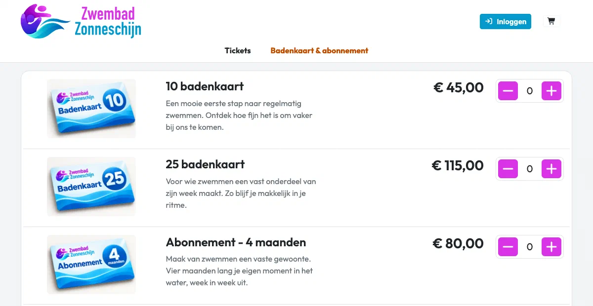 The Zwembad Zonneschijn demo shop, selling 10- and 25-visit pool passes and a 4-month subscription.